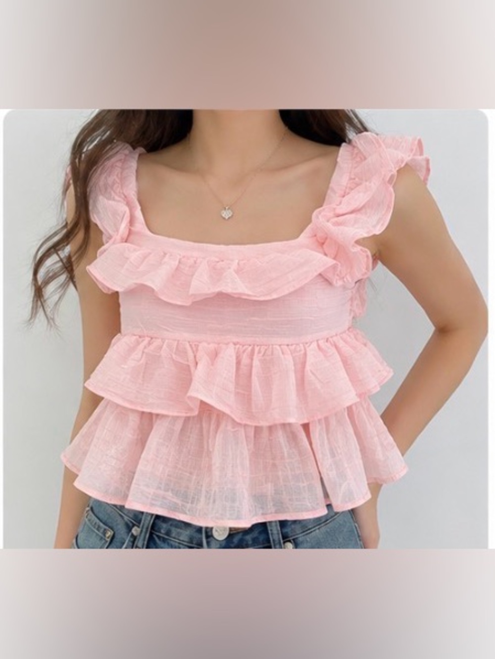 Tiered Ruffle Square-Neck Blouse — Pink